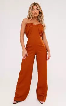 PrettyLittleThing Тканый комбинезон с костяной отделкой цвета ржавого льна-бандо