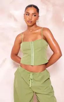 PrettyLittleThing Тканый корсет с бретелями на крючках и петлях оливкового цвета