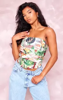 PrettyLittleThing Тканый корсет с драпировкой и каменным цветочным принтом спереди на костях
