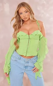 PrettyLittleThing Тканый корсет с крючками и оборками на косточке лаймового цвета