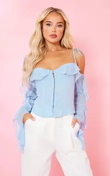 PrettyLittleThing Тканый корсет с открытыми плечами на крючках и оборками нежно-голубого цвета