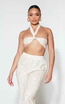 PrettyLittleThing Тканый топ-бандо телесного цвета с воротником халтер и принтом