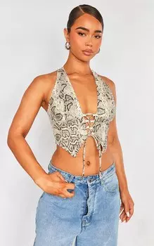 PrettyLittleThing Топ из искусственной змеиной кожи с глубоким вырезом и глубоким вырезом Stone на шнуровке