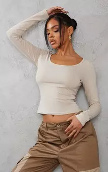 PrettyLittleThing Топ из каменного хлопка с круглым вырезом и длинными рукавами