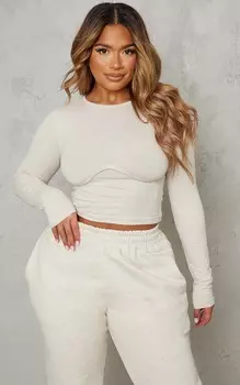 PrettyLittleThing Топ с длинными рукавами и овсяным принтом под грудью Shape Oatme Marl
