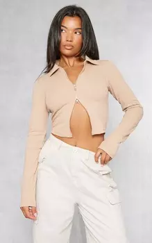 PrettyLittleThing Топ с двойной молнией и воротником в рубчик Sand Jumbo