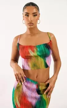 PrettyLittleThing Топ с плиссированными бретелями и воротником-хомутом с разноцветным принтом