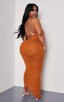 PrettyLittleThing Трикотажное платье макси с низкой спинкой Plus Rust