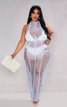 PrettyLittleThing Трикотажное пляжное платье цвета морской волны с кисточками Plus