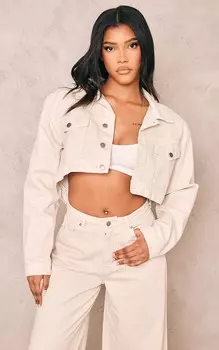 PrettyLittleThing Укороченная джинсовая куртка с приспущенными плечами и эффектом потертости Stone