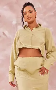 PrettyLittleThing Укороченная рубашка цвета льна Plus Sage Green с ремешками