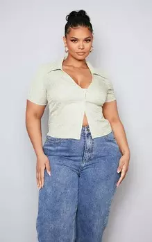 PrettyLittleThing Укороченная рубашка с короткими рукавами и фактурной зеленой шалфеем Plus