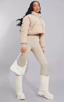 PrettyLittleThing Укороченный пуховик из персиковой кожи с ребристыми манжетами