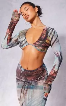 PrettyLittleThing Укороченный сетчатый топ с длинными рукавами и принтом в виде листьев