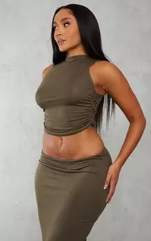 PrettyLittleThing Укороченный топ без рукавов из джерси цвета хаки со сборками по бокам