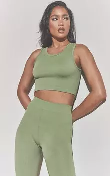 PrettyLittleThing Укороченный топ без рукавов в рубчик со структурированным контуром цвета хаки