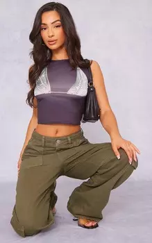 PrettyLittleThing Укороченный топ черного цвета бикини с принтом Petite