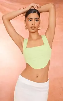 PrettyLittleThing Укороченный топ-корсет из эластичной тканой ткани с косточками лаймового цвета