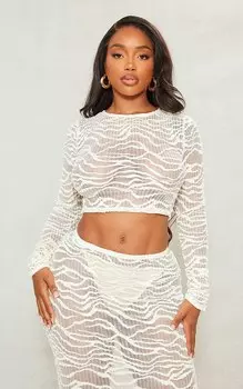 PrettyLittleThing Укороченный топ кремового цвета с длинными рукавами и фактурной текстурой