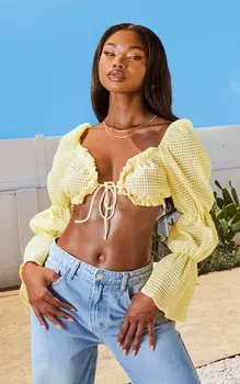 PrettyLittleThing Укороченный топ Milkmaid в мелкую клетку с текстурой лимона