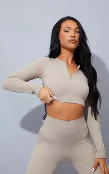 PrettyLittleThing Укороченный топ на молнии с длинными рукавами и структурой камня в рубчик