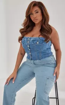 PrettyLittleThing Укороченный топ на пуговицах с корсетом Plus Mid Blue