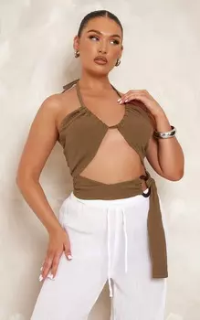 PrettyLittleThing Укороченный топ с бретелькой хаки и льняной отделкой в виде кольца