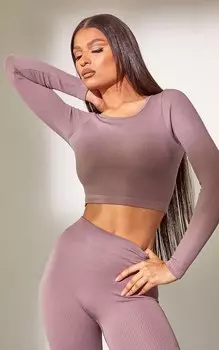 PrettyLittleThing Укороченный топ с длинными рукавами и круглым вырезом в рубчик лилового цвета