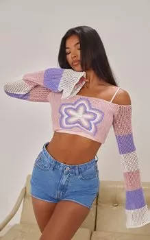 PrettyLittleThing Укороченный топ с длинными рукавами крючком с цветком сирени