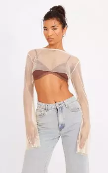 PrettyLittleThing Укороченный топ с длинными рукавами в сеточку с золотыми блестками