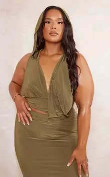 PrettyLittleThing Укороченный топ с капюшоном и капюшоном цвета хаки Plus