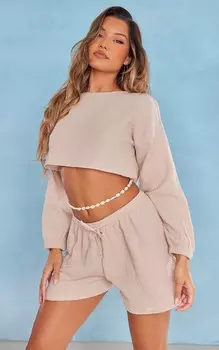 PrettyLittleThing Укороченный топ с объемными рукавами Stone Cheesecloth