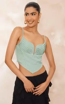 PrettyLittleThing Укороченный топ с плиссированным корсетом и бретельками цвета шалфейного цвета