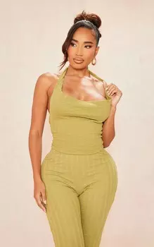 PrettyLittleThing Укороченный топ с воротником-халатером в оливковую рубчиковую форму