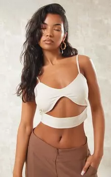 PrettyLittleThing Укороченный топ с вырезом спереди под льняной эффект Stone