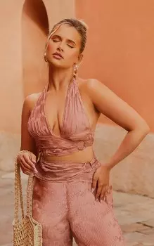 PrettyLittleThing Укороченный топ с запахом и плиссированной лентой Mauve