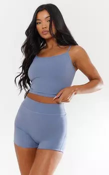 PrettyLittleThing Укороченный топ стального синего цвета с бретелями Contour Sculpt