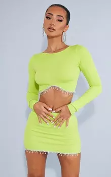 PrettyLittleThing Укороченный топ в рубчик Petite Lime со стразами