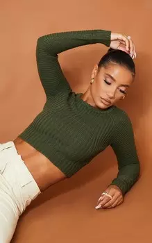 PrettyLittleThing Укороченный вязаный топ цвета хаки в рубчик