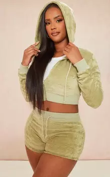 PrettyLittleThing Велюровый укороченный худи цвета хаки