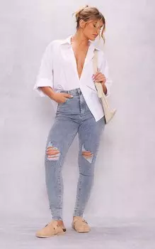 PrettyLittleThing Винтажные джинсы скинни с разрезами до колена и 5 карманами