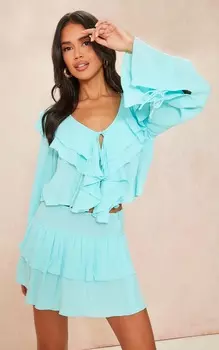 PrettyLittleThing Воздушная блузка цвета морской волны с оборками и отделкой из марли