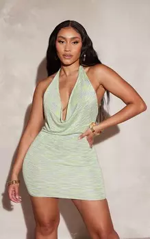 PrettyLittleThing Вязаное мини-платье цвета лайм с воротником-халтер и потертым краем