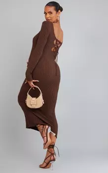 PrettyLittleThing Вязаное облегающее платье Midaxi с завязкой на спине для беременных шоколадного цвета