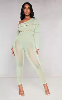 PrettyLittleThing Вязаный комбинезон цвета хаки с открытыми плечами Shape Sage
