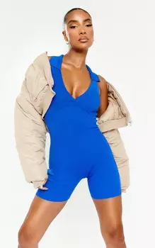 PrettyLittleThing Вязаный комбинезон в рубчик синего цвета с воротником