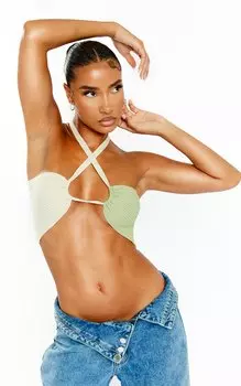 PrettyLittleThing Вязаный топ-бандо с контрастной вставкой в рубчик Sage