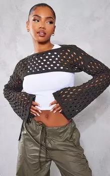 PrettyLittleThing Вязаный топ цвета хаки с открытыми рукавами и расклешенными рукавами
