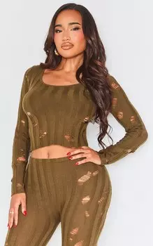 PrettyLittleThing Вязаный топ цвета хаки в рубчик с длинными рукавами