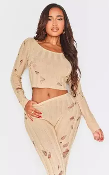 PrettyLittleThing Вязаный топ с длинными рукавами в рубчик Shape Oatme